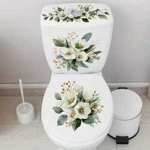 1set White Floral Toilet Sticker, Self-Adhesive, Bathroom Accessory, Bathroom Toilet Beautification, Sticker for Rental Homes / Guesthouses to Refresh Bathrooms, Pattern, Toilet Lid Print, PVC, Bathroom decoration accessories