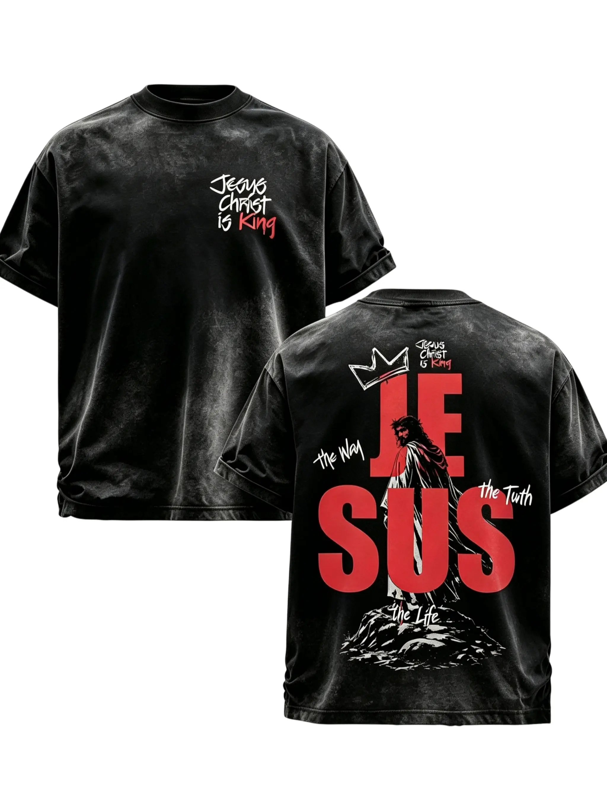Men's Vintage Washed Jesus Christ Is King Short-Sleeve Casual T-Shirt - Christian Faith Bible Verse Graphic Oversized Streetwear Top, Menswear Religious Apparel Crewneck Round Neck, Tshirt, Shortsleeve