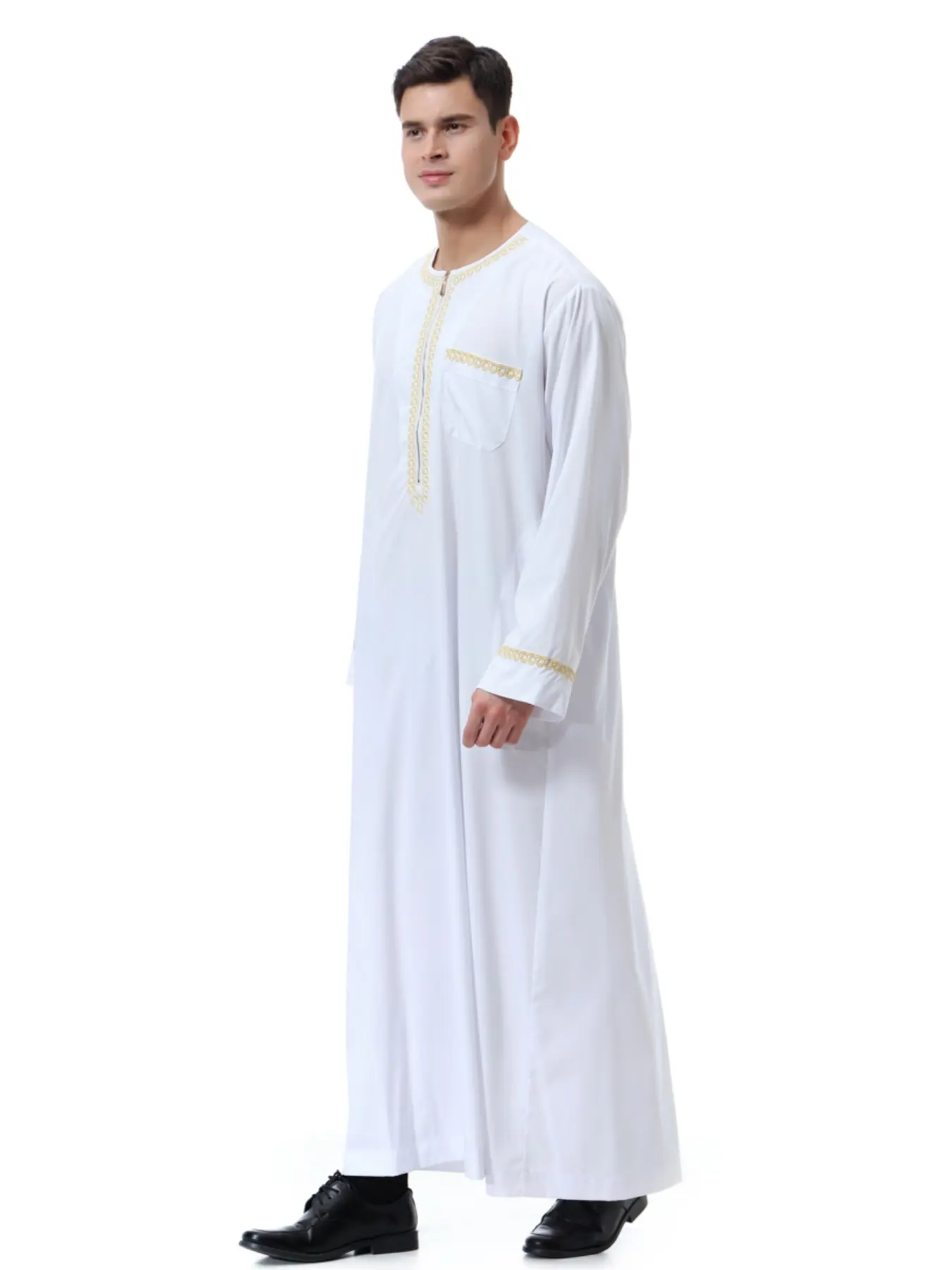 Men's Moroccan Islamic Clothing for Muslim, Round Neck Silver Color Embroidered Seven-Quarter Sleeve Robe, Ramadan Festival Apparel, Traditional Arabic Robe