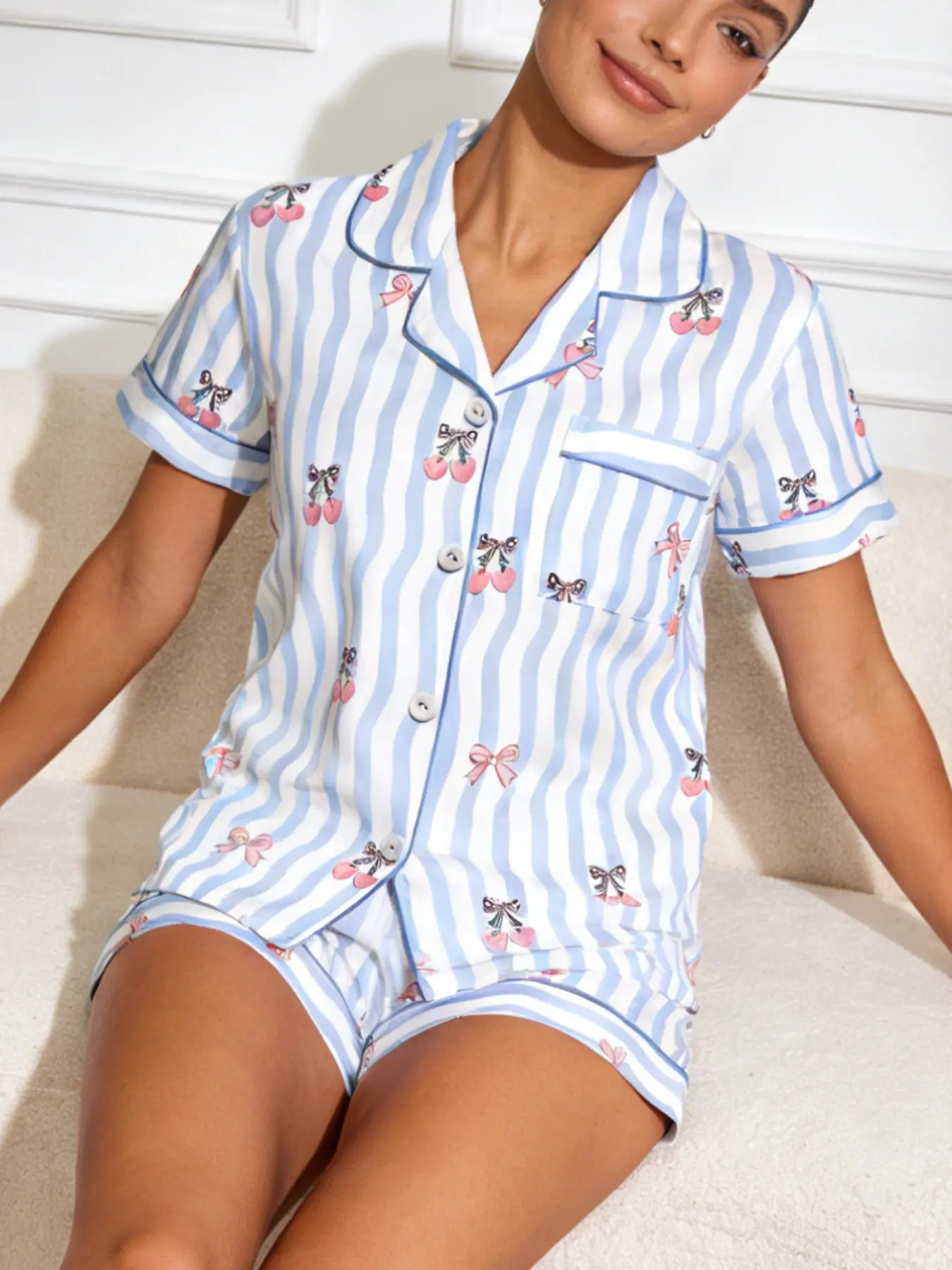Spring Summer Women's Sleepwear Pajama Matching Set, Blue Striped Cardigan, Cute Cherry Bow Full Print, Breathable Short Sleeve Shorts, Home Wear Loungewear, Womenswear