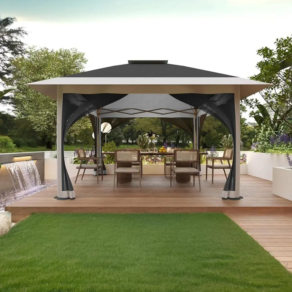 12x12 ft Outdoor Patio Sturdy Gazebo, Heavy-Duty Double Roof Ventilation Canopy with Corrosion-Resistant Frame, Netting, Curtains, Sun Protection, Privacy Features, Assembly Required for Deck Backyard, Camping, Commercial Events (Dark Gray & Light Gray)