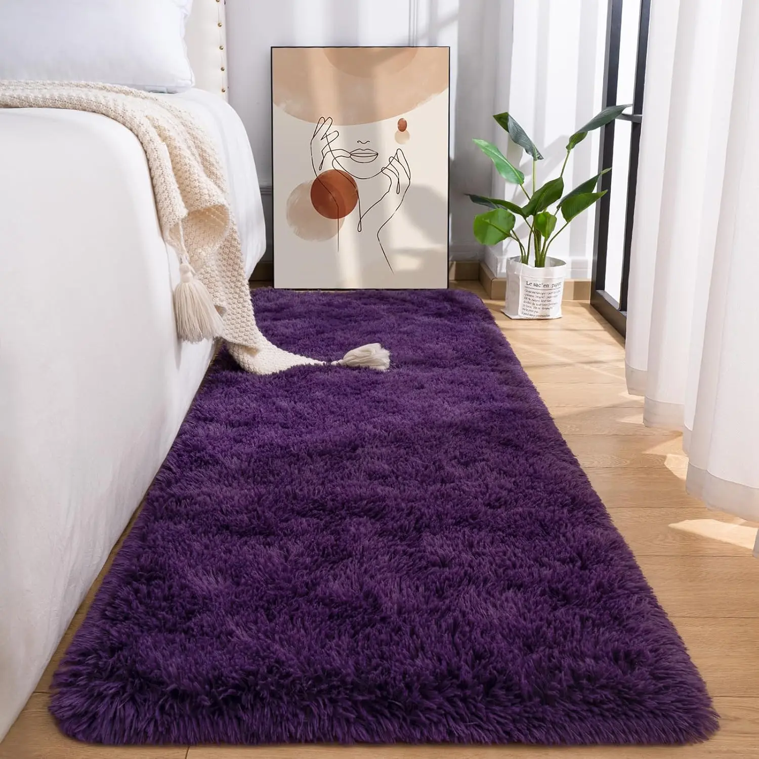 Fluffy Runner Rug for Bedroom Living Room, 2x6 Feet Dark Purple Shag Area Rugs, Soft Fuzzy Carpet for Bedside Nursery Kids Room College Dorm, Plush Throw Rug for Home Decor