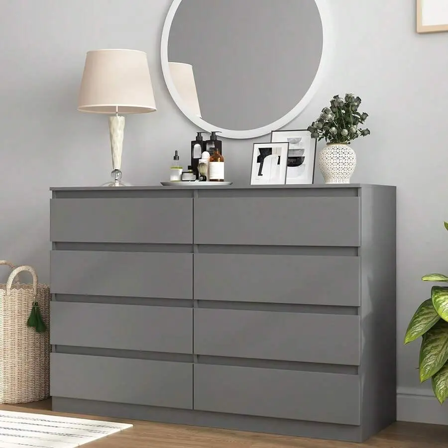 Grey  For Bedroom, Modern Large 8 Drawer  With Deep Drawer, Wide  Chest Of Drawer, Wood Bedroom  Organizer Furniture For Closet storage Dresser Queen Size Canopy Bed