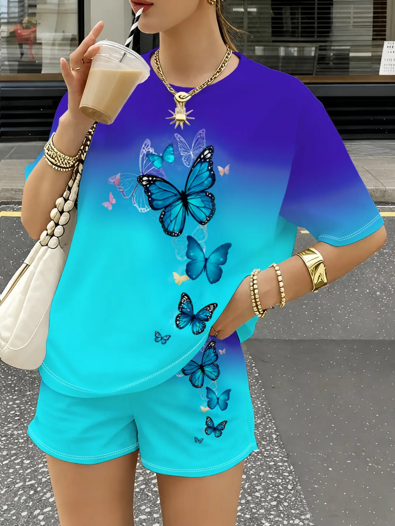 Women's Summer Butterfly Print Gradient Set, Round Neck Short Sleeve T-Shirt + Elastic Waist Shorts, Casual Loose-Fitting 2-Piece Womenswear Clothes