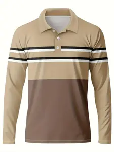 Men's 3D Digital Print Geometric Stripe Long Sleeve Shirt, Fashion Fitted Casual Breathable Fabric, Spring & Fall Outdoor Wear, Casual Stylish Menswear