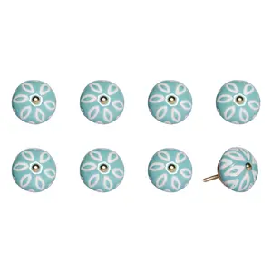 212 MAIN 1.5 in Hand-Painted Turquoise & White Ceramic-Metal Drawer Pull Knobs - Set of 8, Traditional Large Appliance Parts & Accessories for Home Decor