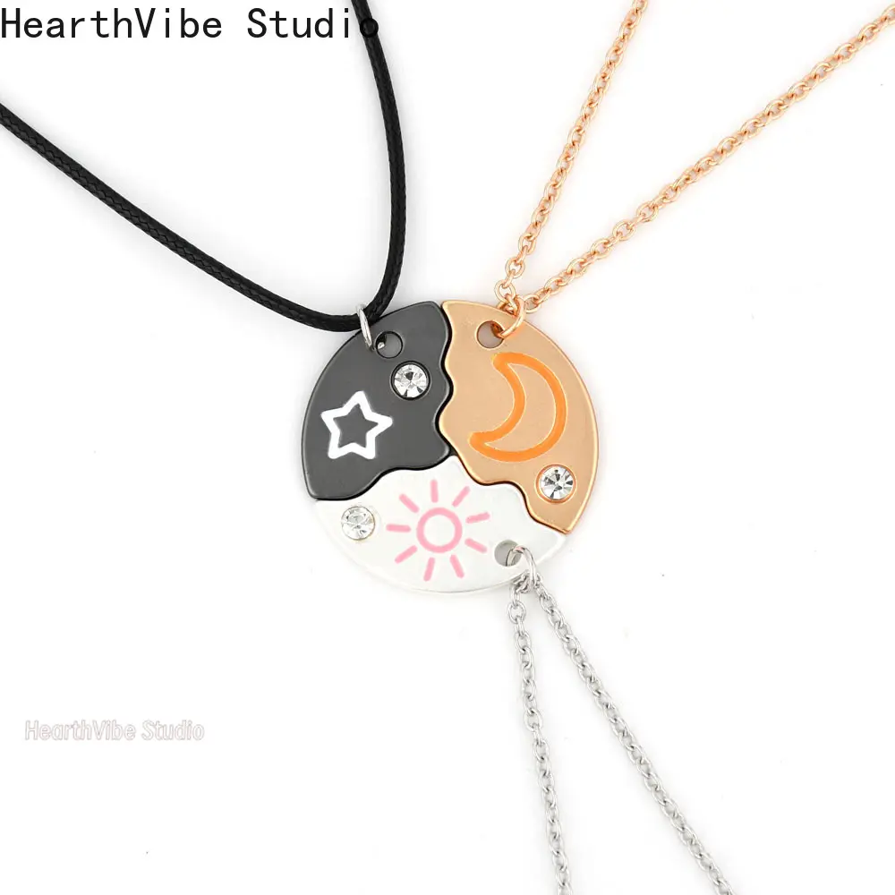 Charm Necklaces Set, 3-Piece Rhinestone Sun-Moon-Star Puzzle Pendants, Unisex BFF Friendship Jewelry with Magnetic Necklace Layering Clasp, Bling Necklace, Rhinestones