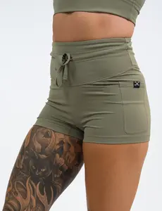 C V G Omni Women's 5-Inch Inseam Sports Shorts, Green Tea High Waist Nylon Spandex with Pockets for Workout & Active Recovery, Female, Athleisure Women's Sports Shorts