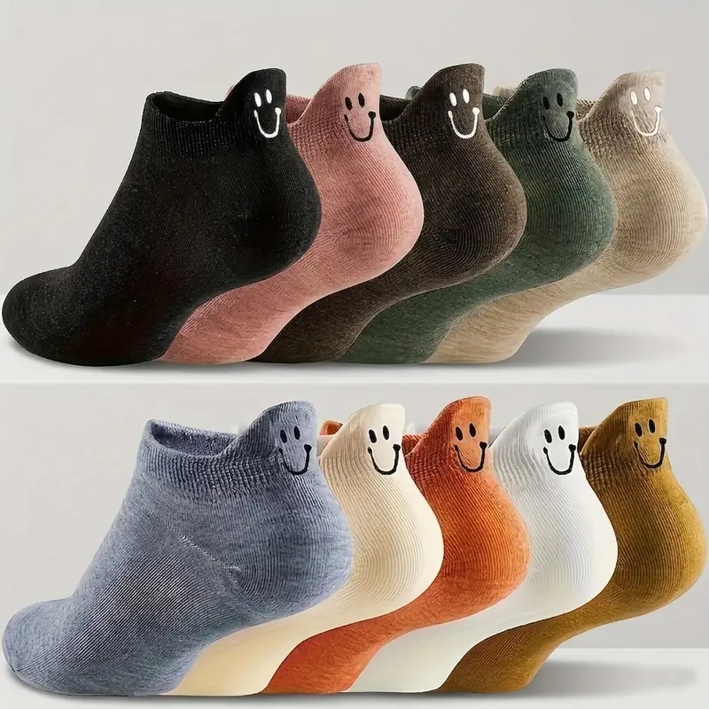 Women's Colorful Smile Face Ankle Socks - 10-Pair Cute Embroidered Low Cut, Anti-Slip, Breathable, Soft, Comfortable Cotton Spandex Daily Wear Socks for Casual Sneakers, Holiday Gift Set