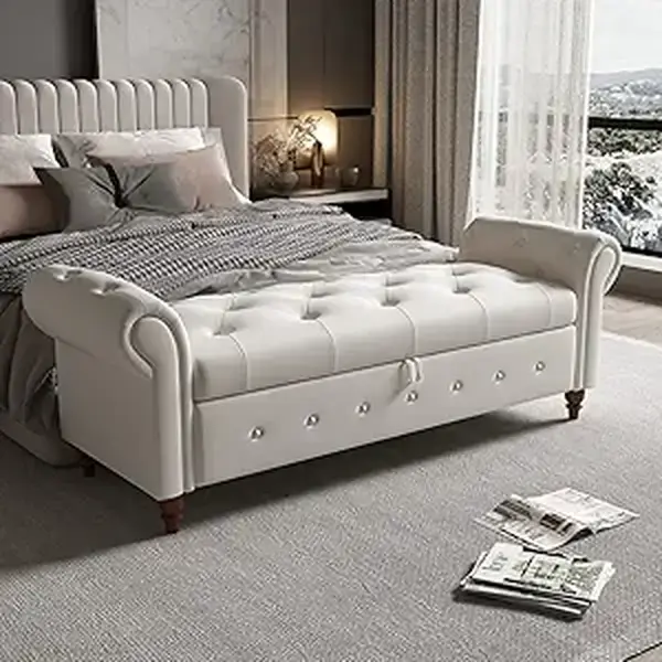 63'' Storage Ottoman Bench, End of Bed Button Tufted Entryway Bench, Rolled Armed Ottoman Couch Long Bench for Bedroom, Living Room, End of Bed, Hallway