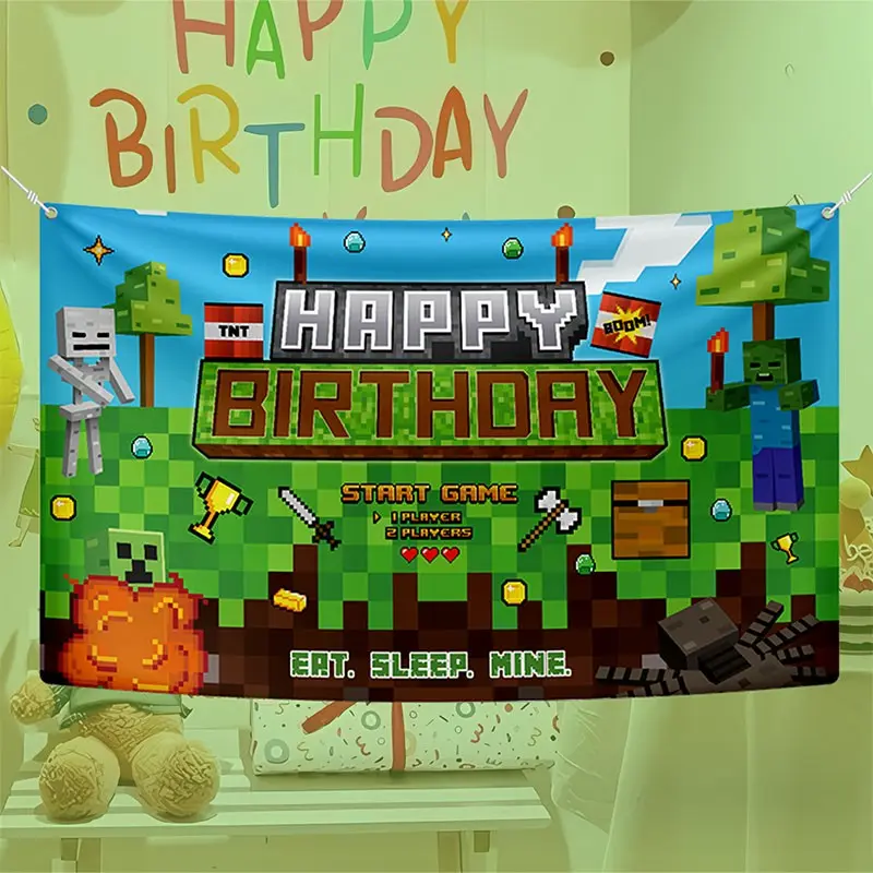 Pixel Mining Game Happy Birthday Backdrop 150x100cm, Retro 8-Bit Gaming Party Background Banner, Home Decor Banner, Party Decorations Banners, Kids & Boys Birthday Decoration, Home Party Decorations