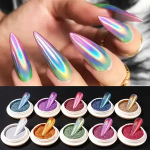 Unicorn Holographic Nail Glitter Powder Set, Rainbow Chrome Fashion Manicure, 10 Pieces, Calcium Aluminum Borosilicate