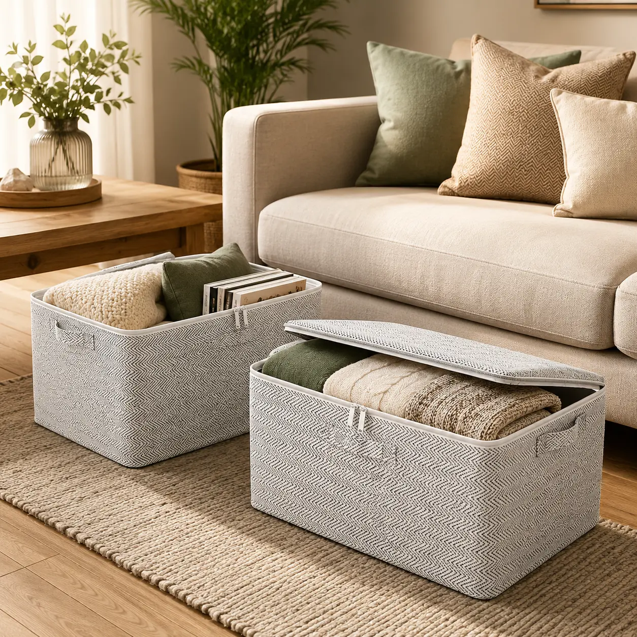 2 Pack Fabric Storage Baskets with Lids – Foldable Storage Boxes with Handles, Large Capacity Storage Bins for Clothes, Blankets, Bedding, Toys, Wardrobe, Shelves & Home Organisation