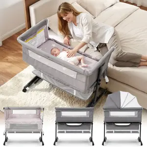 Baby Bassinet, Baby Basinet Bedside Sleeper, Easy to Fold Portable Crib Side Bassinet 2025new Style Girl/boy bassinets (Dark Gray) bedside bassinet Adjustable Height Convenient Storage