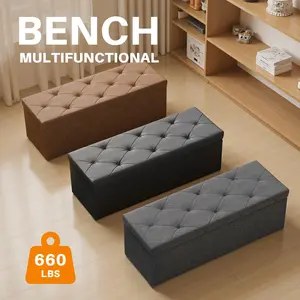 Folding Storage Ottoman Bench, Foot Rest Stool with Padded Seat, Large Toy Box Storage Chest with Seatin, Holds up to 660 lb-Grey