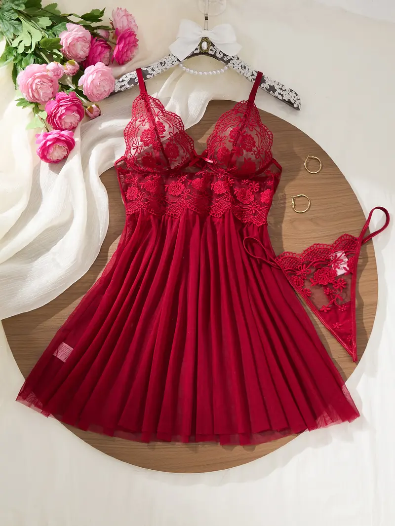 knee length dresses for ladies Red Long Sleeve Sheer Lace Mini Dress with Frilly Hem, L main image 1