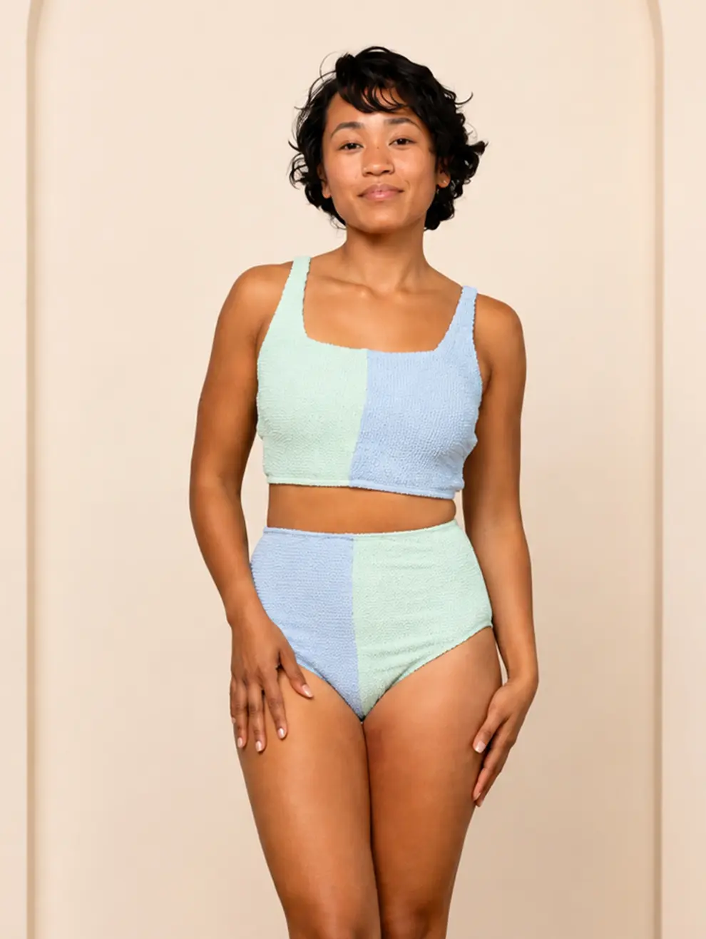 Ava Women’s Pastel Blue & Mint Textured High Waist Bikini Set, Square Neck Two Piece Swimsuit, Color Block Summer Swimwear & Beachwear