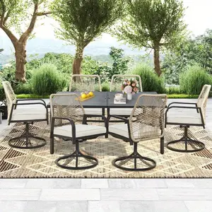 5/7-Piece Outdoor Patio Dining Set, All-Weather Wicker Swivel Chairs with Cushions & Metal Table with Umbrella Hole, Outdoor Furniture Set for Garden, Deck, or Backyard