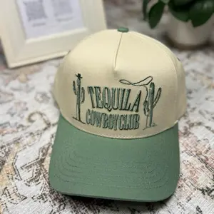 Tequila Cowboy Club Cap - Beige with Green Brim Cactus Design Adjustable Snapback Hat