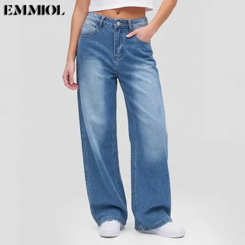 EMMIOL Women Baggy Jeans High Waist Boyfriend Streetwear Vintage Jeans Wide Leg Denim Pants