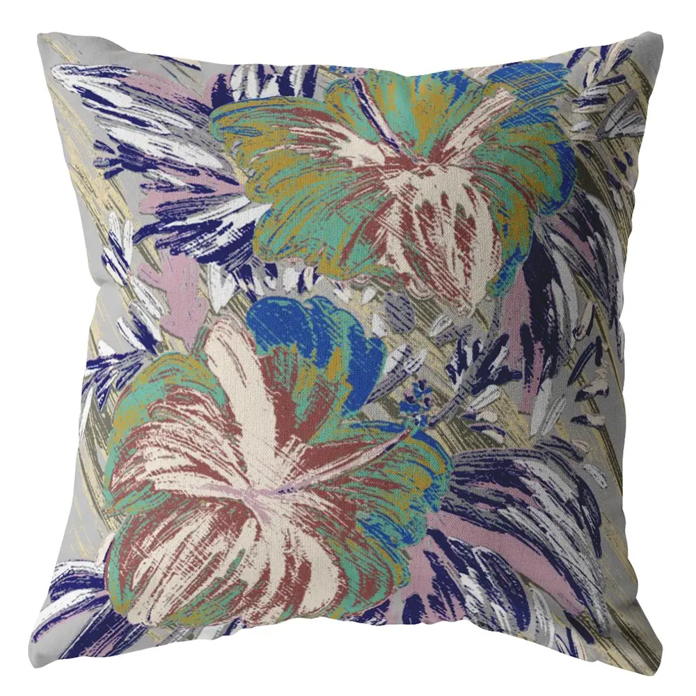 16 in. Lilac Green & Muted Purple Hibiscus Suede Decorative Throw Pillow