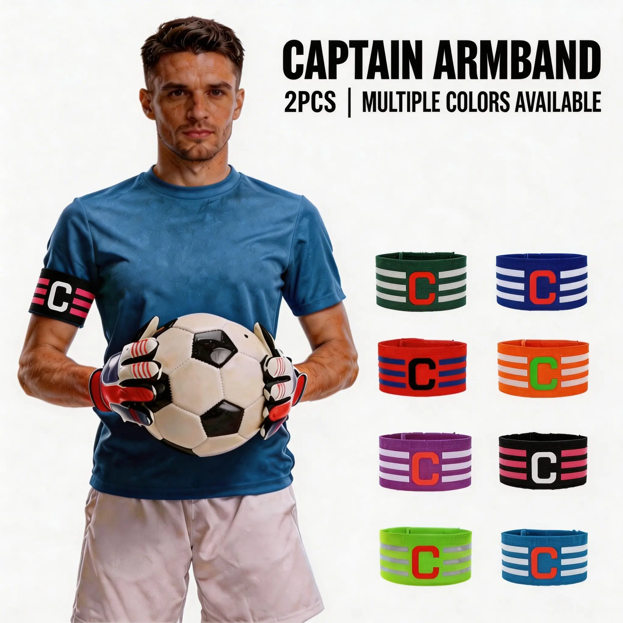 2pcs Football Captain Armbands, Adjustable Elastic C-Shaped Badges with Velcro, Multi-Color Options, Outdoor Sports Soccer Basketball Training, Soccer Training Equipment, Football Accessories