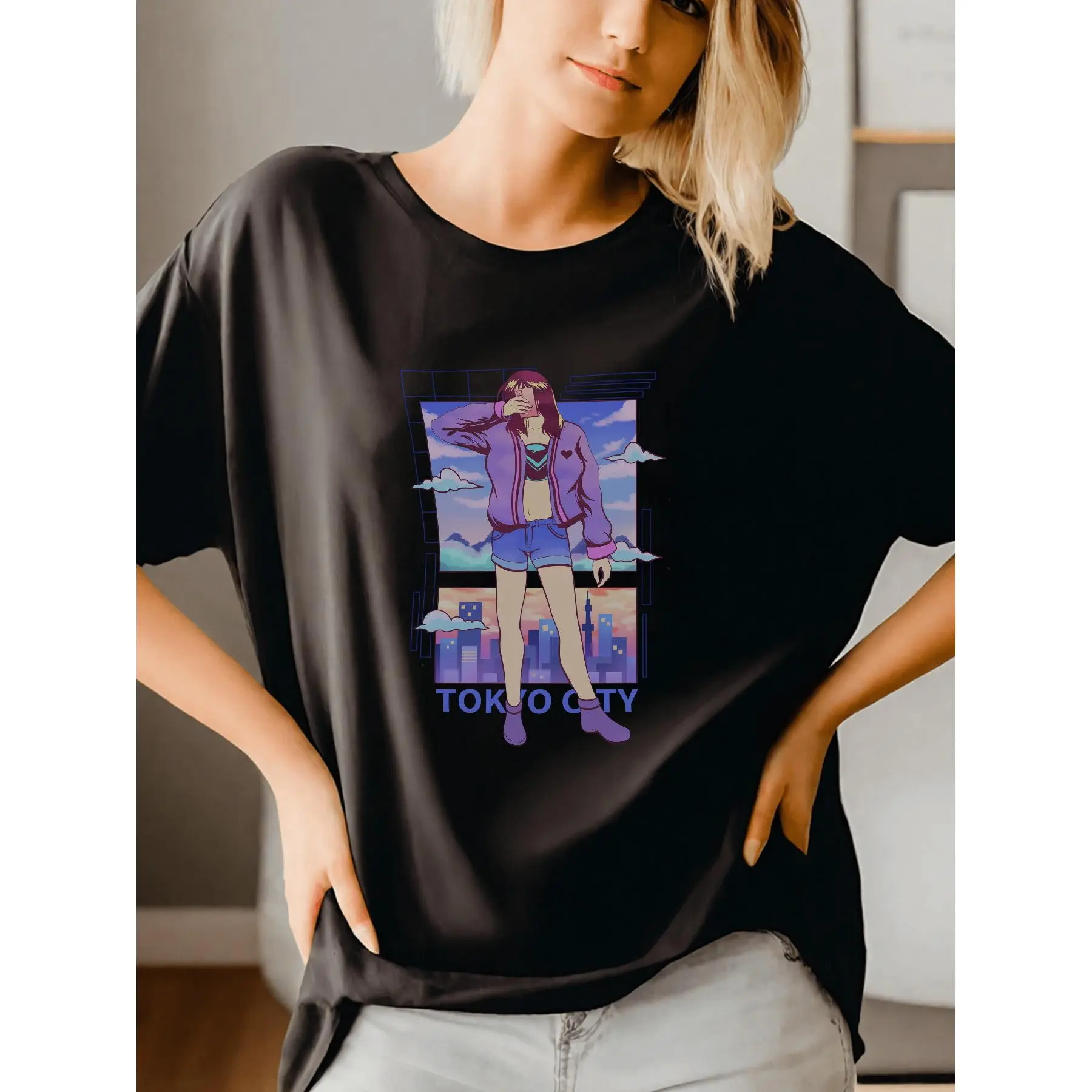 Women's Black Tokyo City Pattern T-Shirt - 180g Short Sleeve Crew Neck - Fashion Urban Print T-Shirt - Cool Design Inspired by City Life Style - Casual Summer Women's Clothing - Comfortable Classic Style