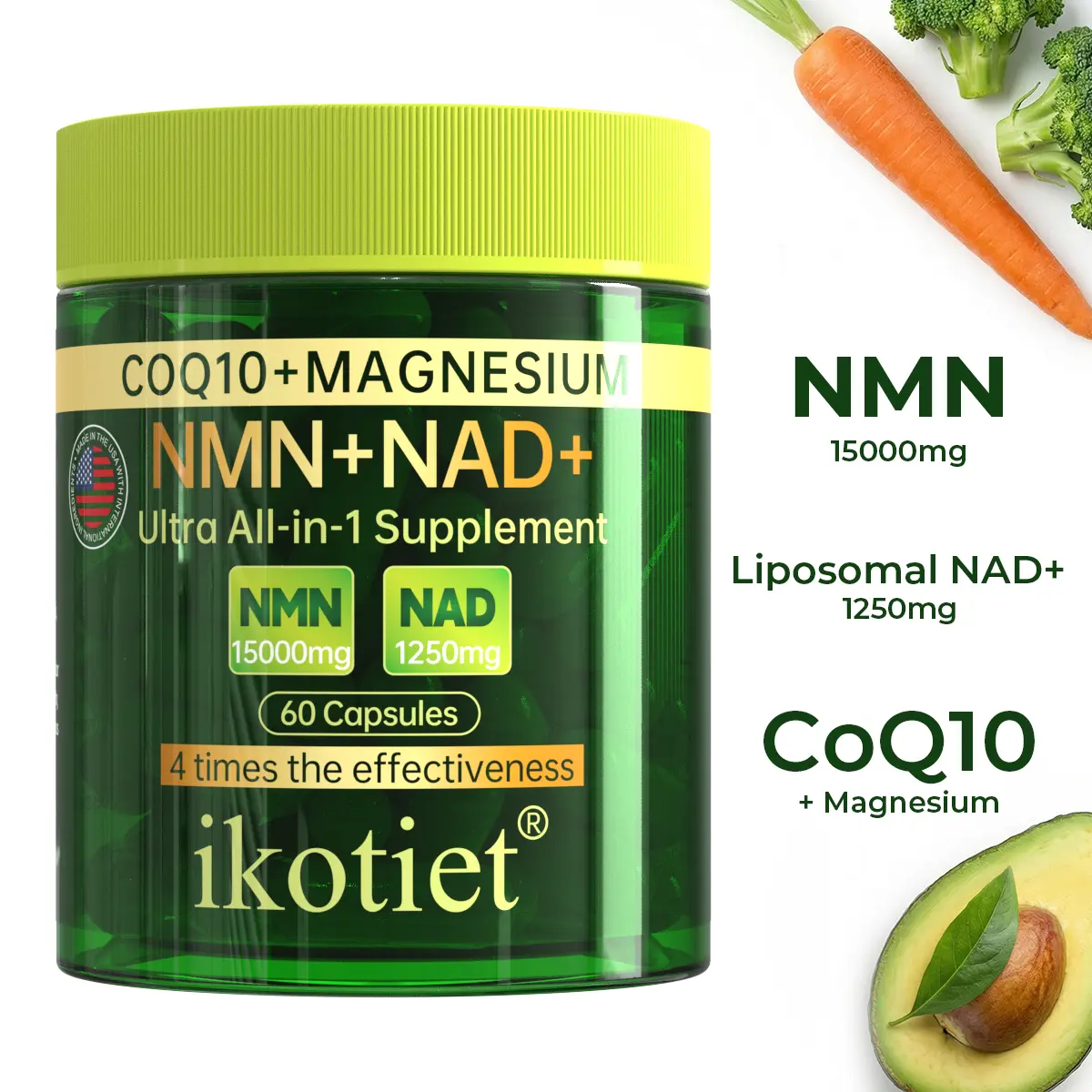 IKOTIET NMN Dietary Supplement - 15000mg, CoQ10, Magnesium, Resveratrol Complex - Supports Cellular Energy & Liposomal NAD+ Levels, Vitamin Supplement