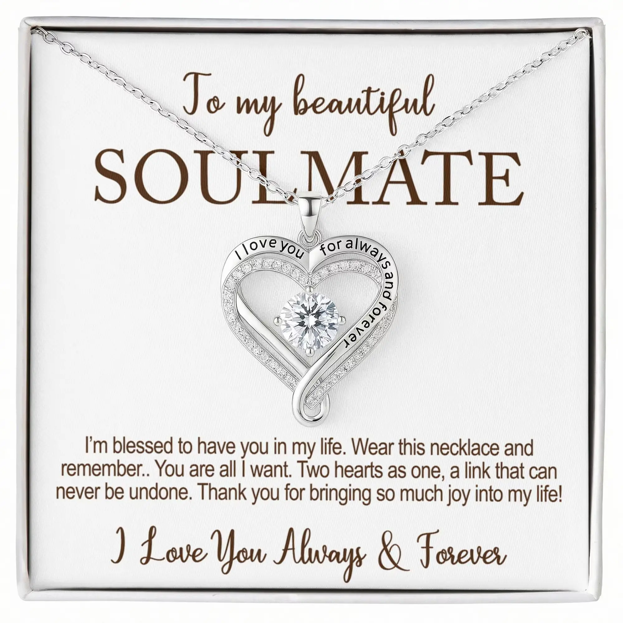 To My Soulmate Gift Engraved Love Necklace Personalized Card Message Sentimental Keepsake for Wife From Husband Birthday Anniversary