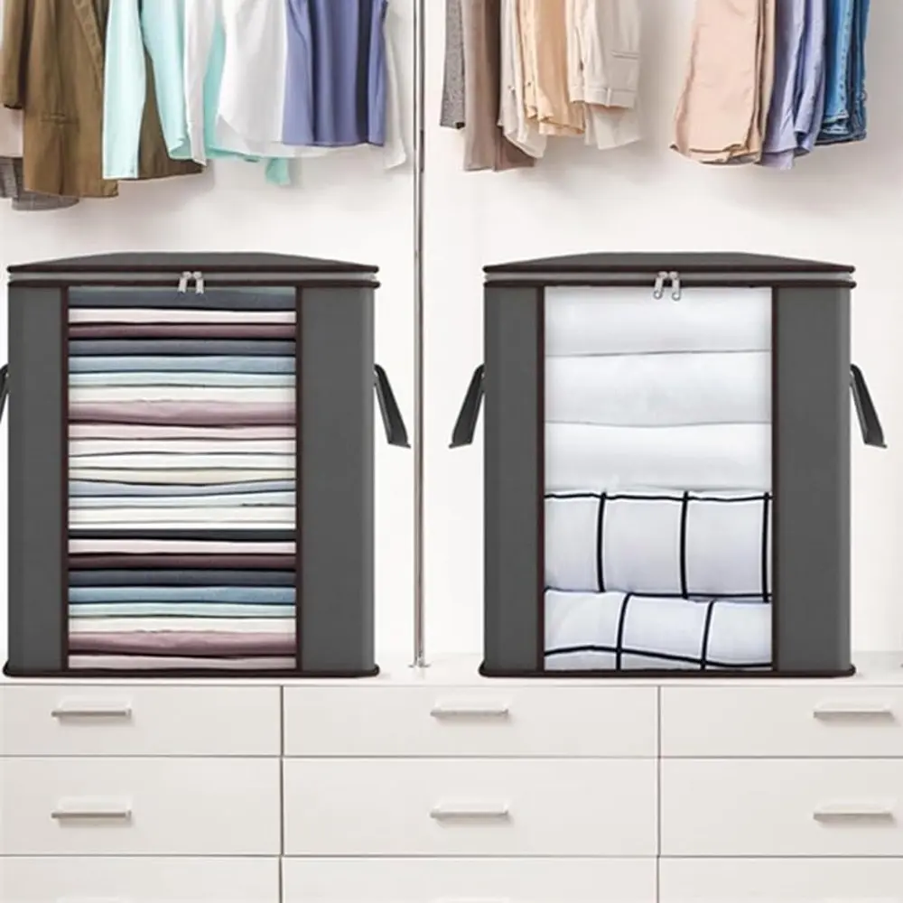 2pcs Gray Polyester Foldable Transparent Zippered Storage Bags - Durable Clothing Organizer, Space-Saving, Multifunctional Storage Solution with Resealable Packaging for Quilts, Garage & Apartments, Clothing Storage Organizer, Space Saving Bag