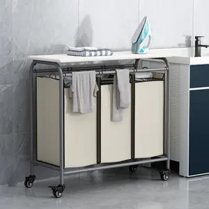 Laundry 3-Bag Sorter Heavy Duty Rolling Lockable Wheels Laundry Hamper Cart with Ironing Board and Removable Bags Household Organiser Cover Industrial