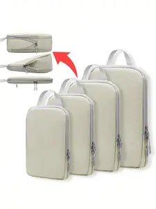 A 4-piece compression-packed cubic travel storage bag set featuring a durable and reusable design, anti-RFID functionality, and a classic aesthetic, Travel Accessories