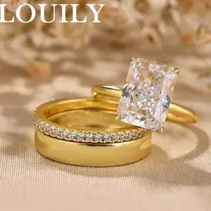 Louily Jewelry 4.5 Carat 3PC Radiant Cut Wedding Ring Set, Golden Engagement Ring Set for Women