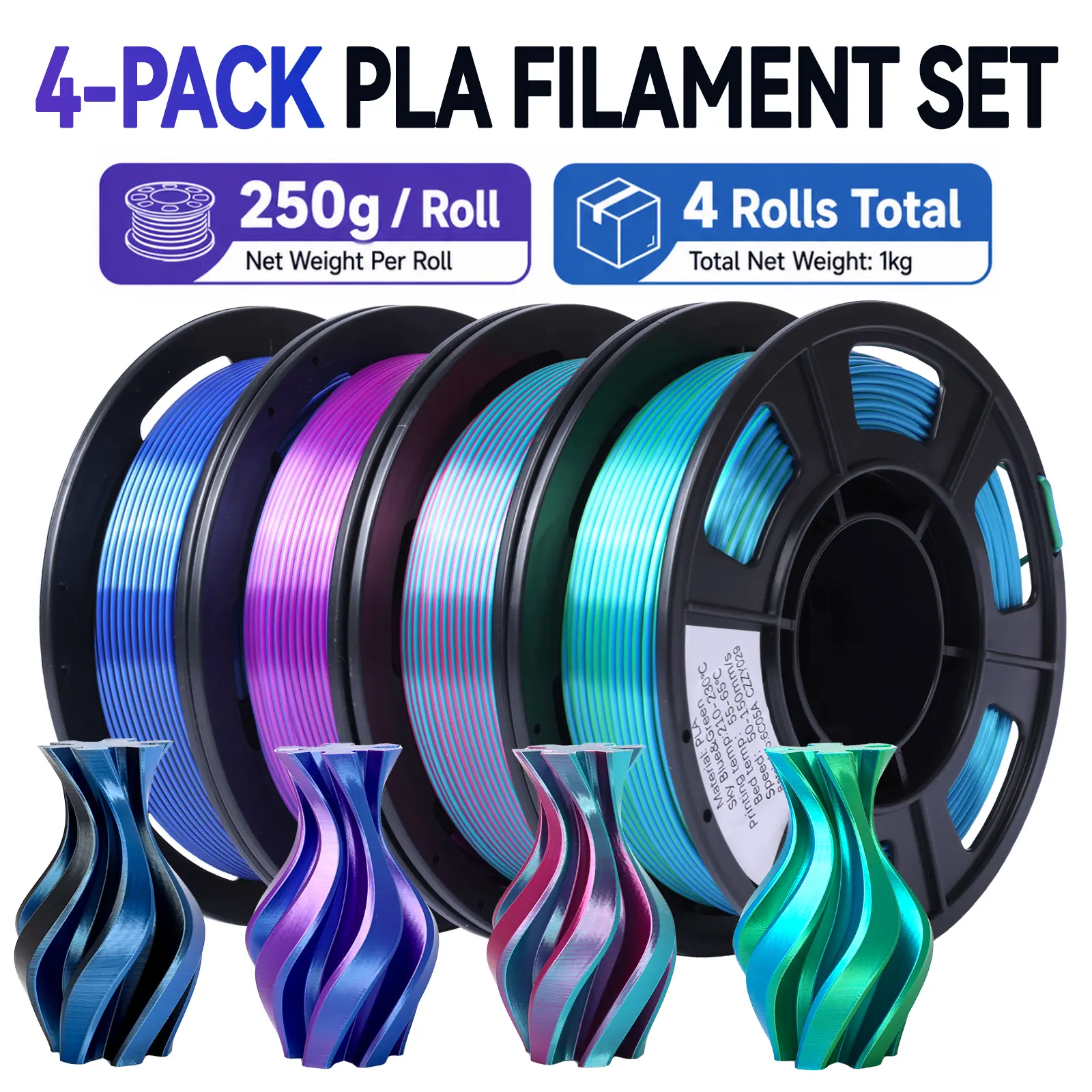 Epelay 3D Printer Filament, Galaxy Glitter PLA Filament 1.75mm ±0.02mm, Glow in the Dark with UV, 4 x 250g Spoolsfor FDM Printers (Glow Glitter Blue, Glow Glitter Green, Galaxy Glitter Silver, Gold) tiktokshopbacktoschool