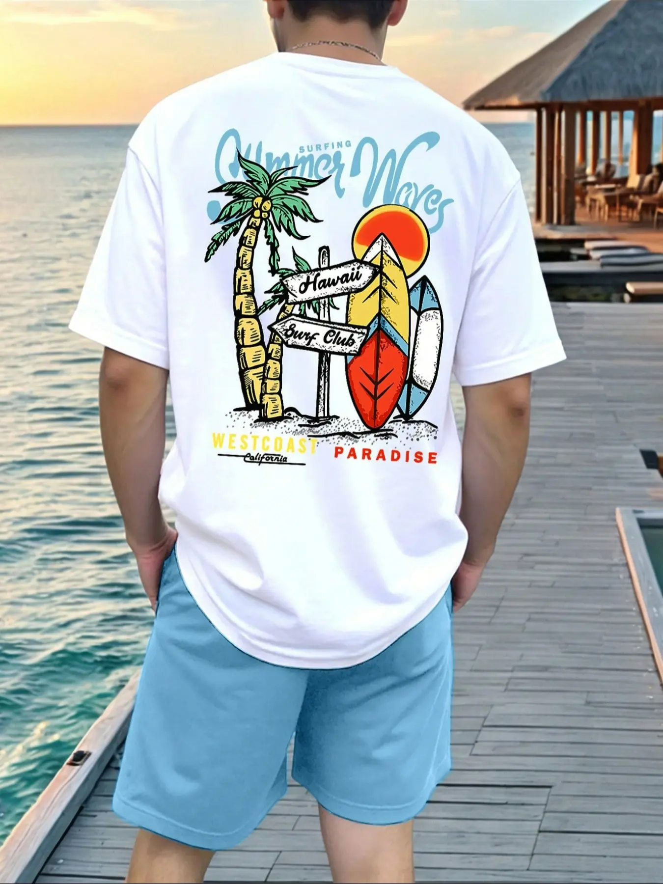 Men's Fashion Casual Two-Piece Set, Coconut Tree & Surfboard Print Tee and Drawstring Shorts, Loose Fit Street Style, All Seasons Wear