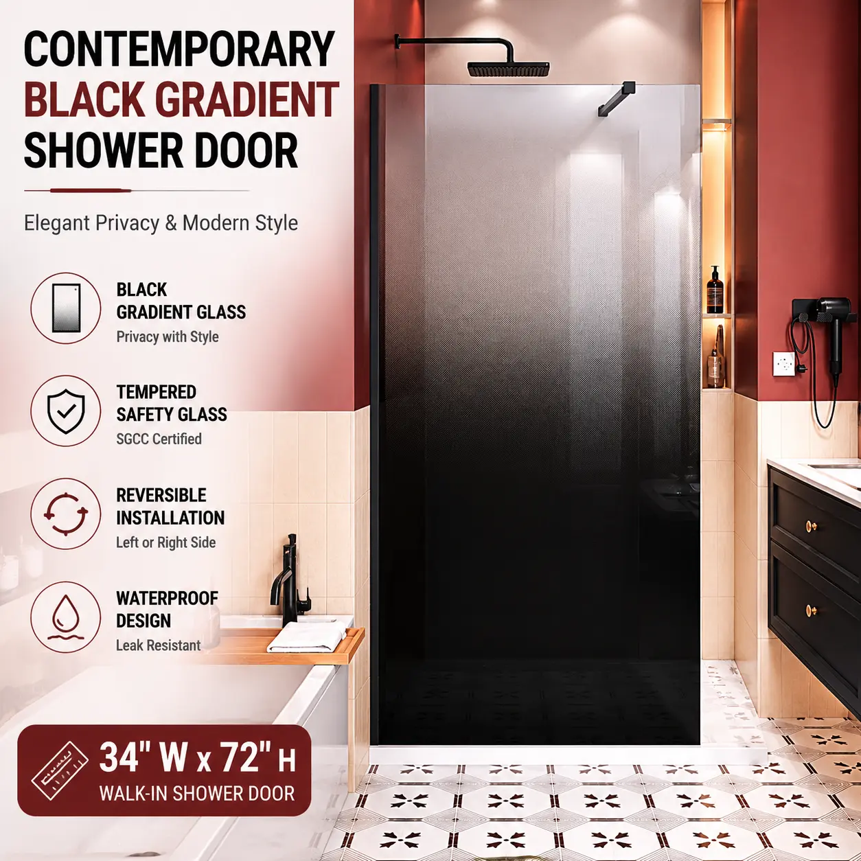 34"W x 72"H Modern Black Gradient Frameless Walk-In Bathroom Shower Door, Tempered Glass Panel with Reversible Installation, Leak-Resistant Design for Enhanced Privacy