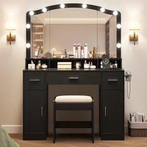 Modern Vanity Makeup Desk Set for Girls & Women – Mirror with 10 LED Lights, 3 Drawers, 2 Cabinets, Long Storage Shelf, Charging Station, Cushioned Stool – Wooden Dressing Table – Bedroom Decor