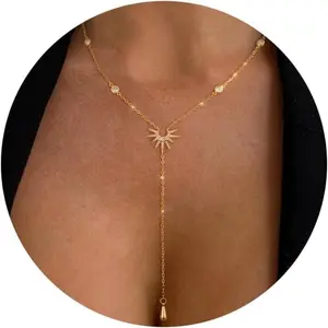 Long Y-Shaped Lariat Necklace for Women, Trendy Layered Dainty Drop Necklace with CZ Pendant, Adjustable Gold Chain Jewelry
