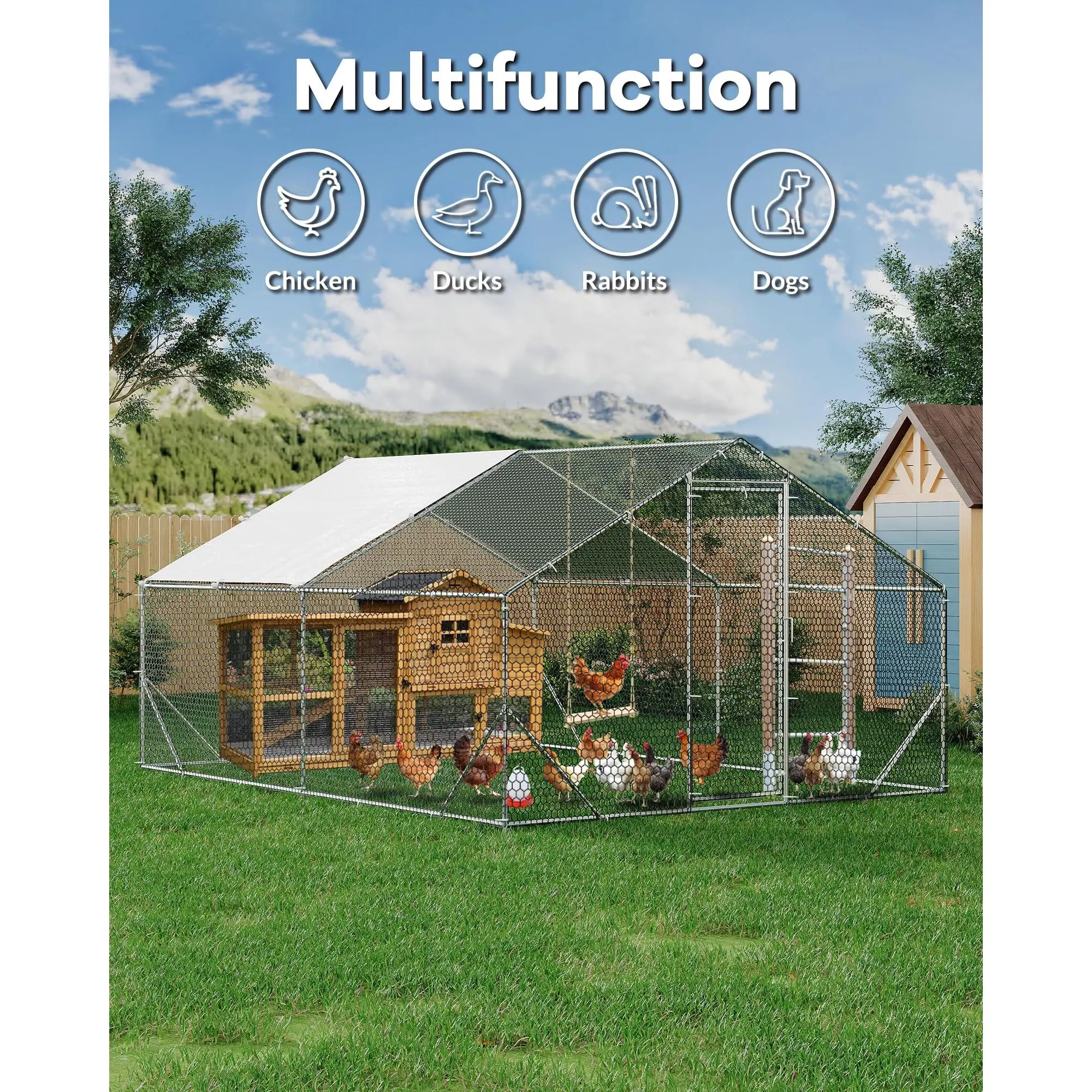 9.8'×6.5'×6.5' Heavy Duty Metal Chicken Coop, Walk-in Run with Spire Roof, Lockable Doors & Anti-UV Waterproof Cover for Ducks & Rabbits