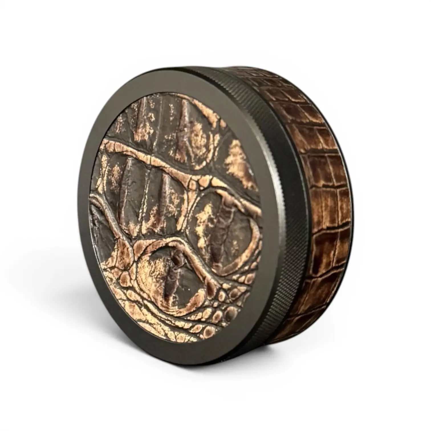 Black on Brown Embossed Croc Ruk Can | EDC Storage Can | Airtight Seal for Freshness | 100% Genuine Leather Top & Band | Aluminum Metal Tin | Portable Canister for Pouches