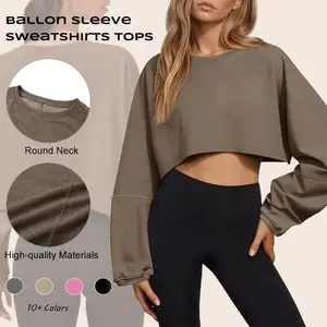 Imily Bela Womens Long Ballon Sleeve Sweatshirts Tops Cropped Crew Neck Loose Fit Casual Workout Shirts