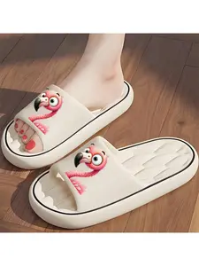 A pair of pink flamingo pattern beach sandals, comfortable open-toe slippers, non-slip thick-soled indoor and outdoor bathroom shower slippers