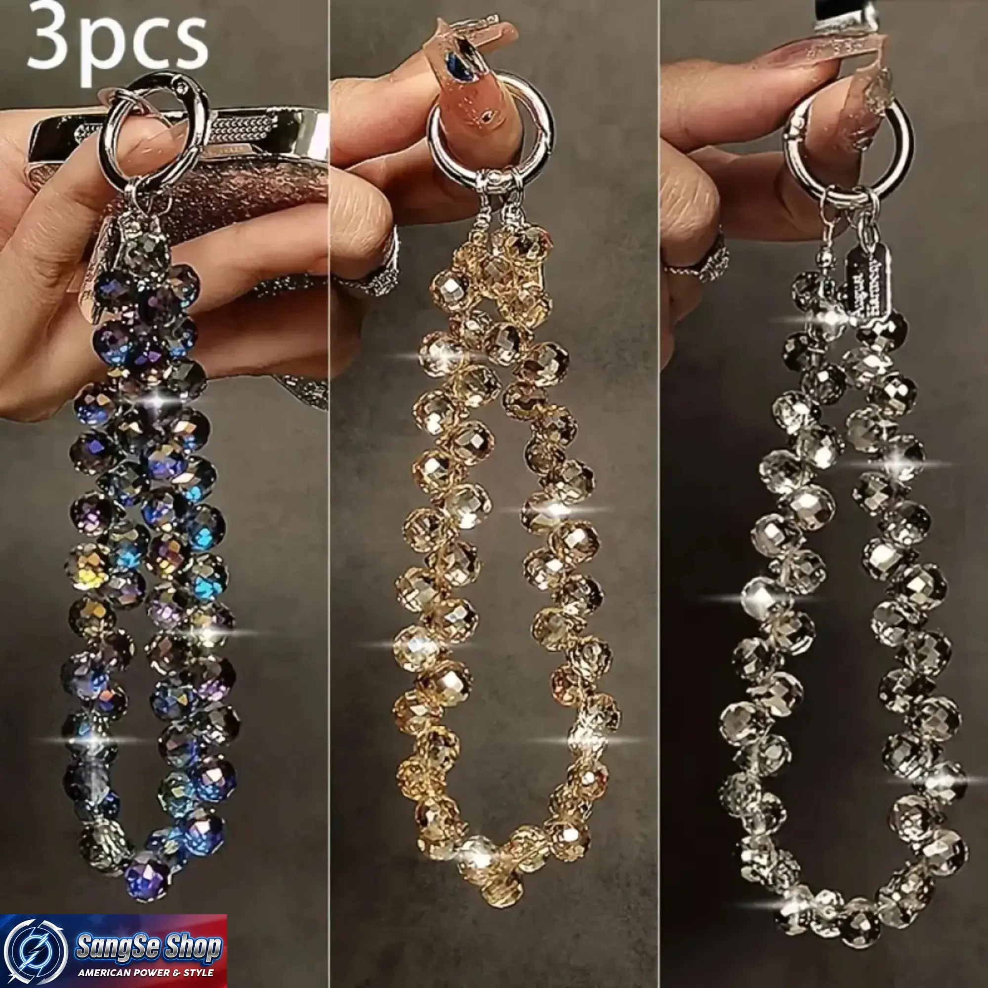 3-Pack Rhinestone Phone Lanyard Set, Luxury Mixed Color Beaded Strap with Detachable Metal Chain, Wrist & Neck Accessories for Keys & Bags, Cell Phone Accessories, Phone Accessories
