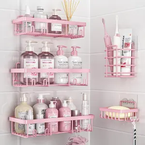 5 Pack Shower  Organizer Rack Shelf for Inside Shower, Adhesive Bathroom Wall Storage Basket Rustproof Stainless Steel Shampoo Holder, Girly Bathroom Accessory Decor Set, Pink
