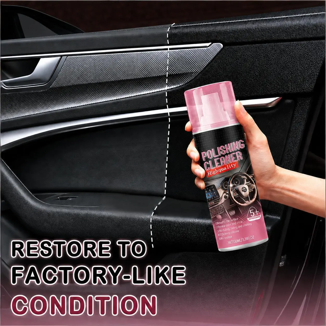 Car Waterless Wash Wax & Interior Detailer Restorer Spray (1PC, 100ML/3.38FLOZ) - Automotive Detailing Products for Leather, Rubber, Plastic Surfaces, Quick Maintenance with Durable Glossy Protection