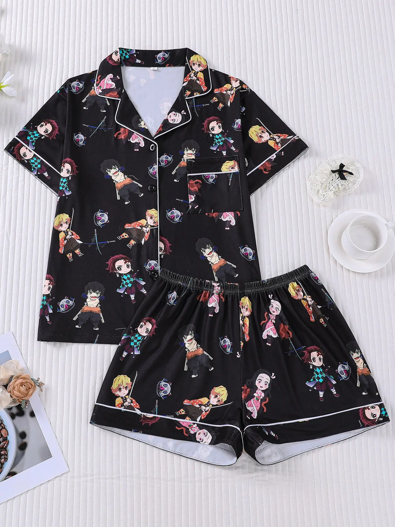 2 Piece Women's Demon Slayer Chibi All Over Print Pajama Set, Short Sleeve Collared Button Down Top with Pocket & Elastic Waist Shorts, Anime Cartoon Soft Comfy Matching Loungewear, Lightweight Sleepwear for All Season Home Daily Wear Pjs, Nightwear
