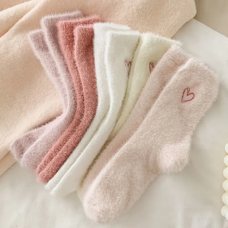 5 Pairs Mid-Calf Socks, Heart Embroidery Pattern, Faux Fur Winter Warm Thick Home Sleep Long Socks, Soft Plush Comfortable Socks, Soft Comfy Socks, Fluffy Socks, Sock Packs