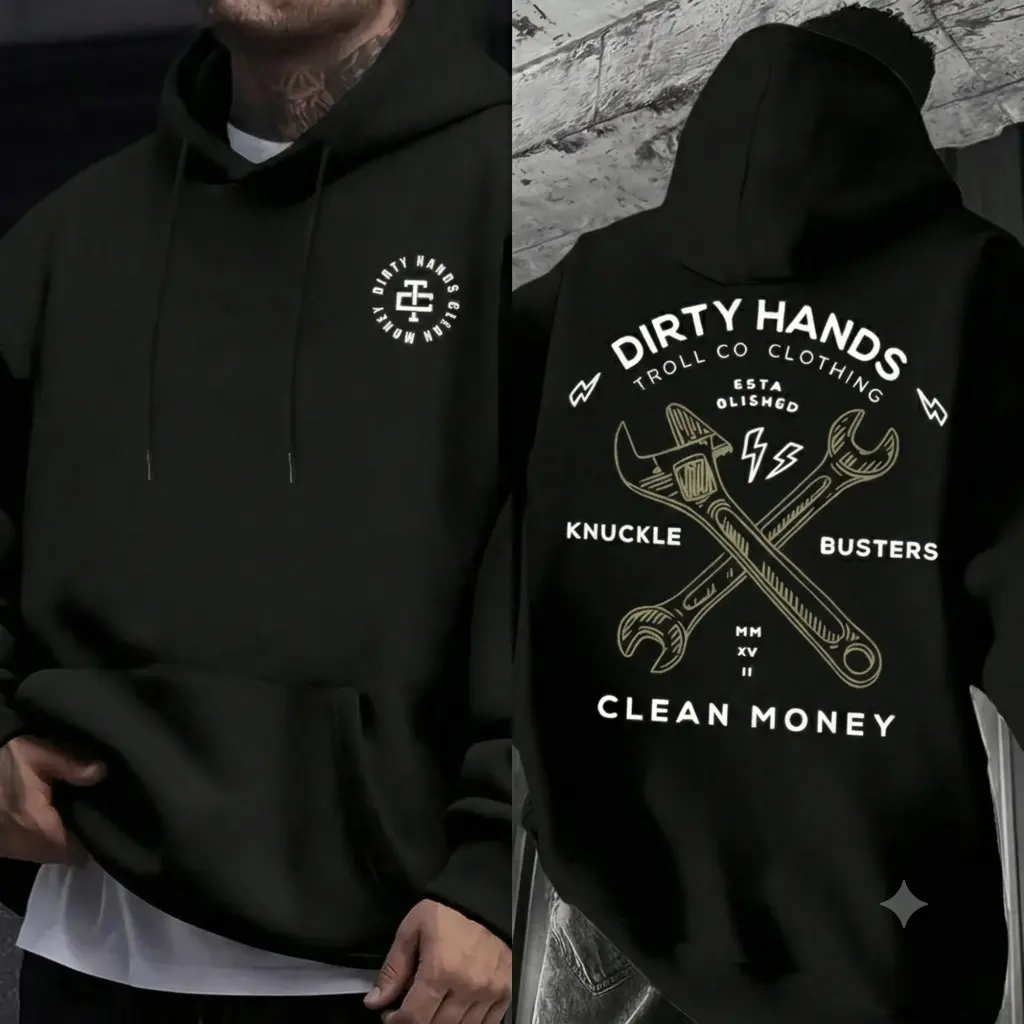 Dirty Hands Clean Money Hoodie, Mechanic Hoodie, Blue Collar Workwear Sweatshirt, Cross Wrench Graphic Pullover, Auto Repair Technician Gift for Men & Women