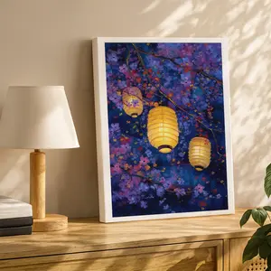 Japanese Wall Art, Glowing Paper Lanterns With Cherry Blossoms Poster, Dreamy Impressionist Oriental Style Printing, Deep Blue Purple Yellow Canvas Decoration, Living Room & Bedroom Aesthetic, Perfect Housewarming Gift, Framed.