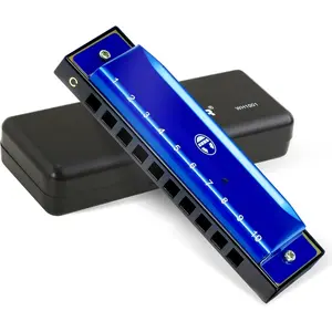 Blues Harmonica for  Adult Beginners 10 Hole Diatonic Harmonica Key of C, Brass Reed Metal Mouth Organ C Key Blues Harp with Case, Blue